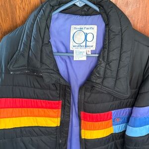 OP Vintage Black Puff Jacket with Vibrant Stripes.  Very good condition.